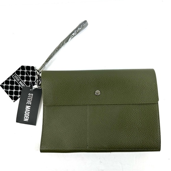 Steve Madden Pouch And Card Case Olive Green Faux Leather Clutch Brand New - Picture 1 of 10